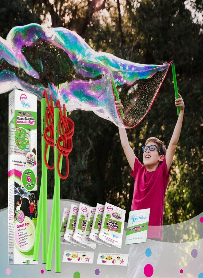 WOWmazing Mega Value Big Bubble Kit: 2 Large Bubble Wands 6-Pack of Big Bubble Powder (Makes 6 Gallons) | Outdoor Toy for Kids, Boys, Girls | Powder Made in USA - Image 1