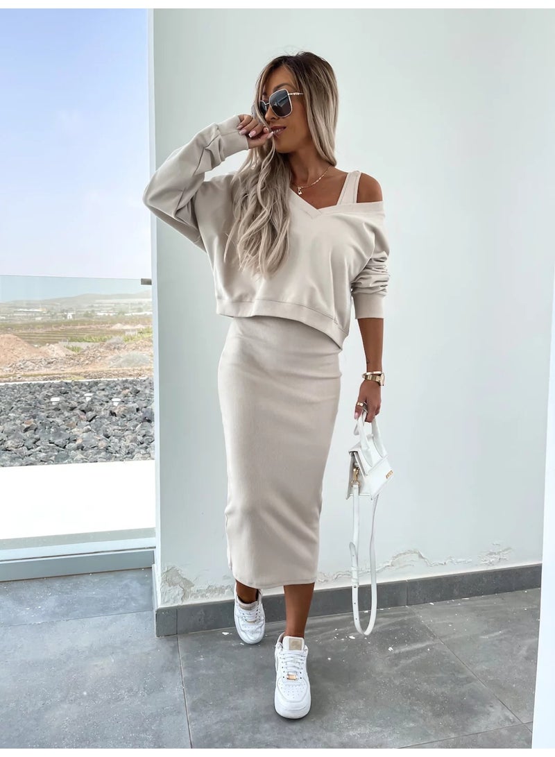 NIBEMINENT Spring Summer Women's Solid Color V neck Long Sleeved Sweatshirt with Strapless and Form Fitting Long Dress Set of 2 Pieces - Image 1