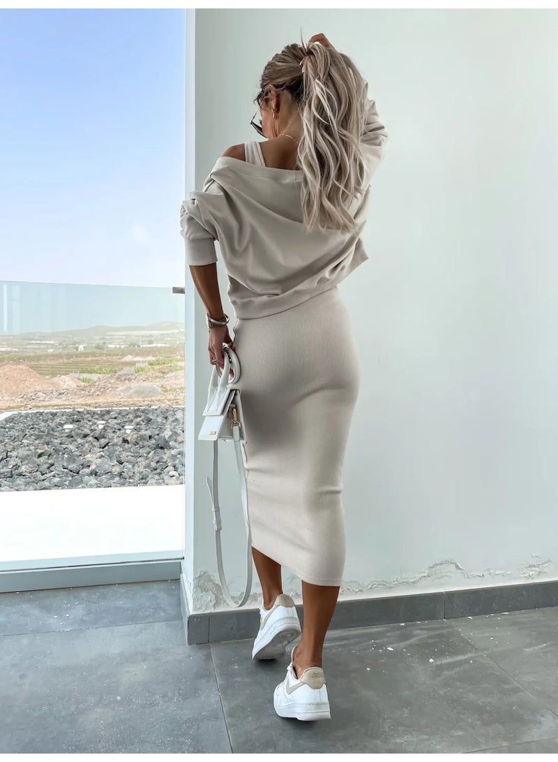 NIBEMINENT Spring Summer Women's Solid Color V neck Long Sleeved Sweatshirt with Strapless and Form Fitting Long Dress Set of 2 Pieces - Image 2