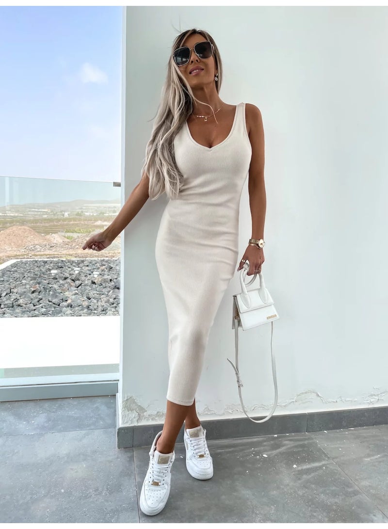 NIBEMINENT Spring Summer Women's Solid Color V neck Long Sleeved Sweatshirt with Strapless and Form Fitting Long Dress Set of 2 Pieces - Image 3