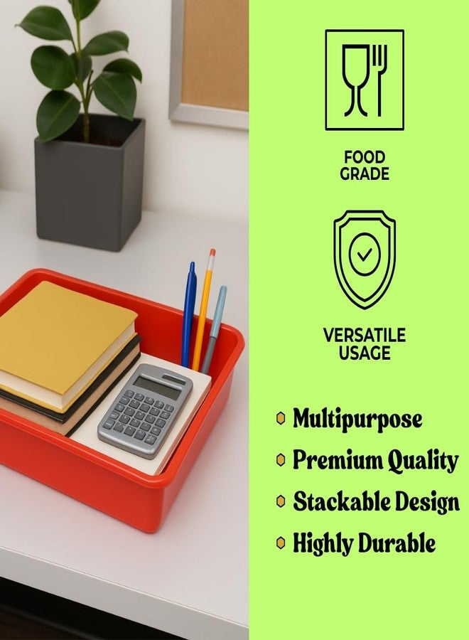 Morvi Nexa Small Multipurpose Stackable Rectangular Durable Plastic Storage Tray| Home,Kitchen,Office,School,Commercial,Industry,Lab,Hospital,Paper,Desk Organiser|21 x 27 x 5| Set of 4 | Black RED - Image 4