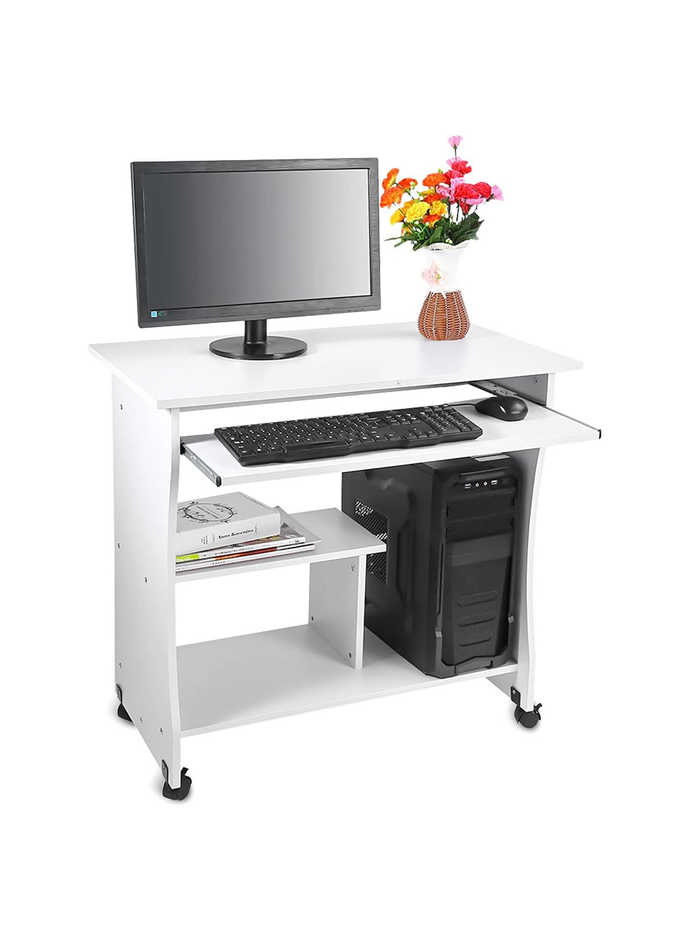 Study Workstation Laptop Table, Office Mobile Standing Desk Modern Computer Desk Office Work Desk with Keyboard Shelf and Rollers for Home Office Bedroom (80 * 49.5 * 76 cm)
