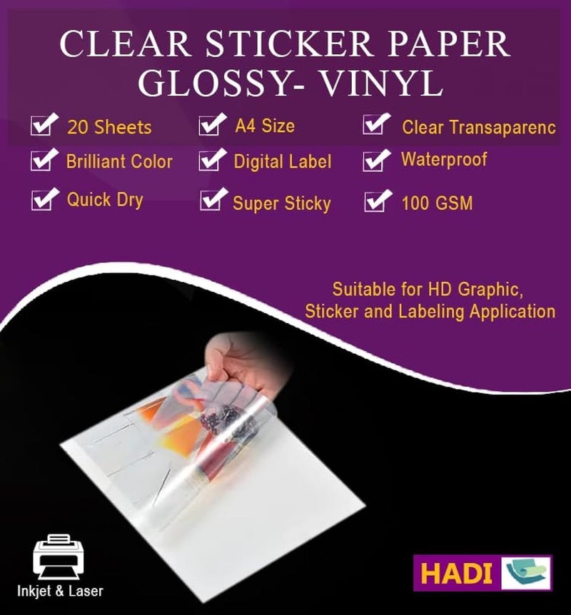 HADI A4 Clear Glossy Vinyl Sticker Paper Self Adhesive Labels-95% Clear Because is Waterproof -Brilliant Color-Digital Label, Waterproof for all Inkjet Printer-Full 20 Sheet for DIY Personalized,Decals - Image 1