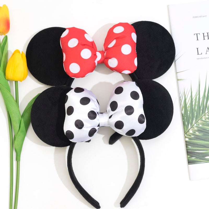 Jeffan Mouse Ear Headband with 3D Cotton Bow, Polka Dot Bow Mouse Party Costume Accessories for Women Girls (Black) - Image 3