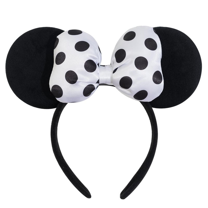 Jeffan Mouse Ear Headband with 3D Cotton Bow, Polka Dot Bow Mouse Party Costume Accessories for Women Girls (Black) - Image 1