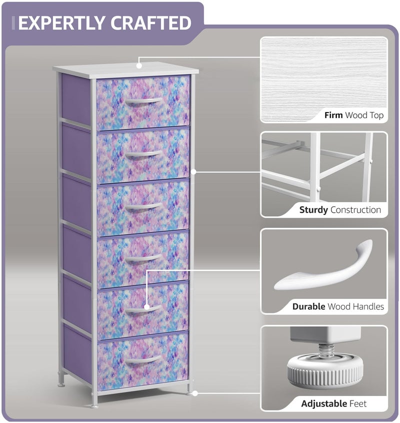 Sorbus Fabric Dresser for Kids Bedroom - Chest of 6 Drawers, Tall Storage Tower, Clothing Organizer, for Closet, for Playroom, for Nursery, Steel Frame, Fabric Bins - Wood Handle (Tie Dye Purple) - Image 3