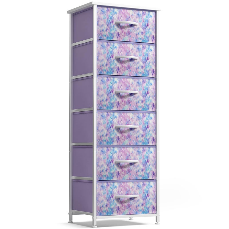 Sorbus Fabric Dresser for Kids Bedroom - Chest of 6 Drawers, Tall Storage Tower, Clothing Organizer, for Closet, for Playroom, for Nursery, Steel Frame, Fabric Bins - Wood Handle (Tie Dye Purple) - Image 1
