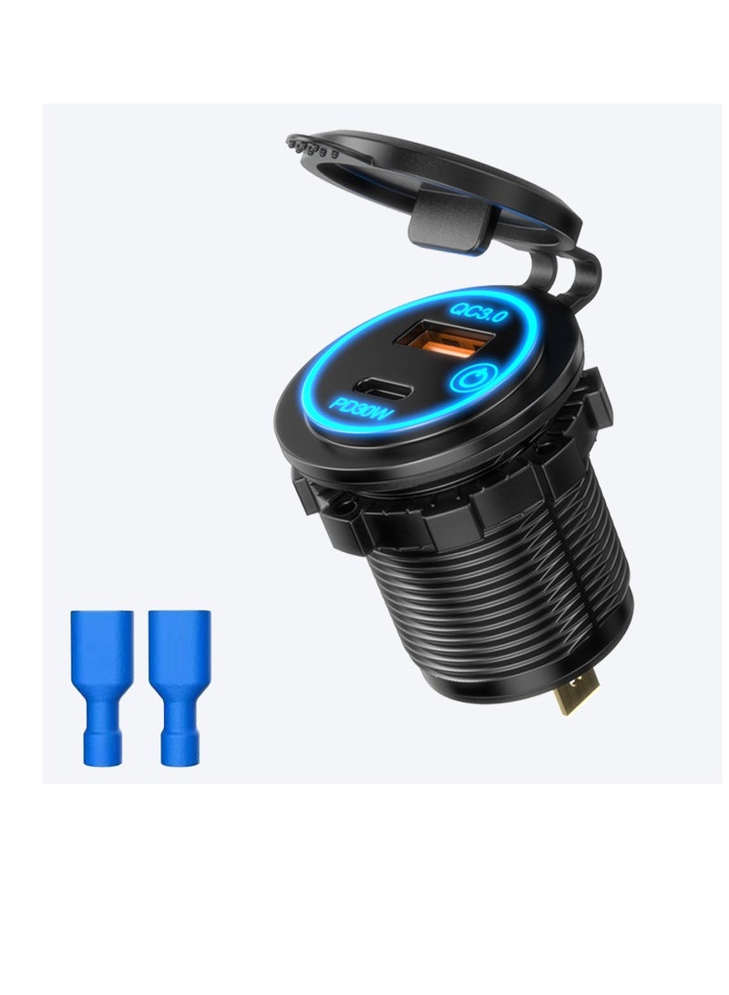 Car Mobile Phone Charger, Fast Charging Car USB Outlet, Dual USB Power Car Charger Socket For Car Golf Cart Boat RV Motorcycle, (Blue Light, PD30W Plus QC3.0) 
