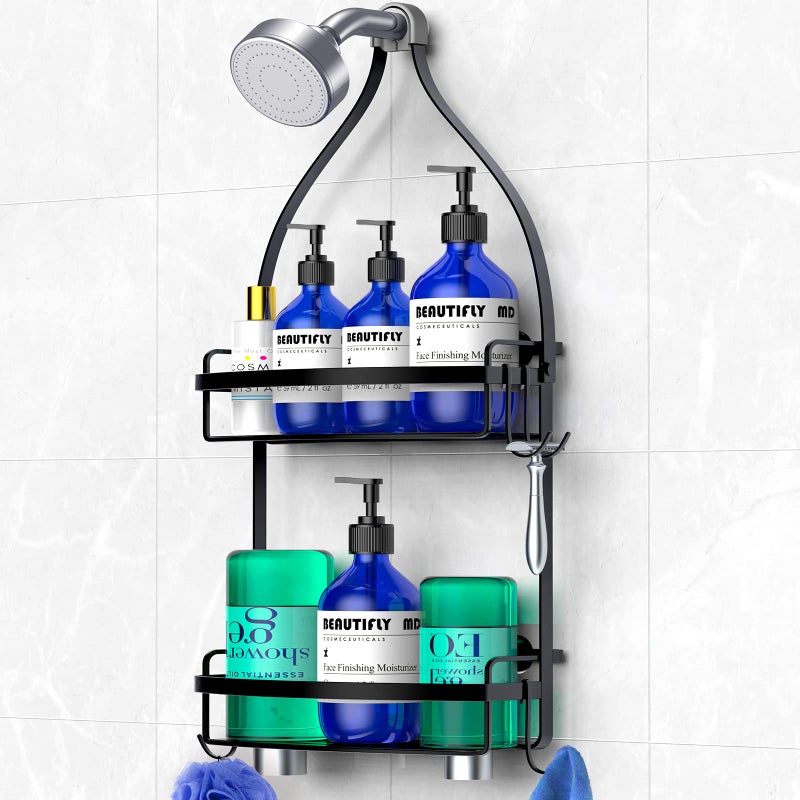 Meangood Shower Caddy Over Shower Head  Black Anti-Swing Hanging Shower Caddy with 4 Remove Hooks for Razor  Sponge  Towels Rustproof Shower Organizer for Bathroom - Image 1