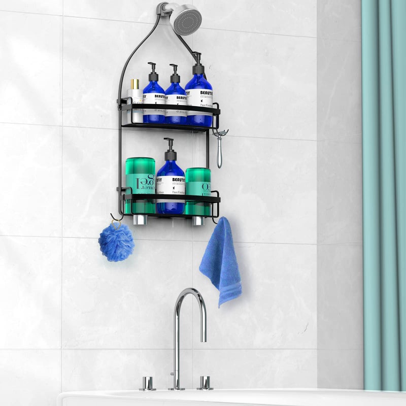 Meangood Shower Caddy Over Shower Head  Black Anti-Swing Hanging Shower Caddy with 4 Remove Hooks for Razor  Sponge  Towels Rustproof Shower Organizer for Bathroom - Image 2