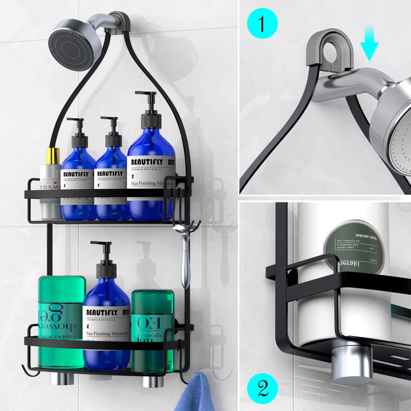 Meangood Shower Caddy Over Shower Head  Black Anti-Swing Hanging Shower Caddy with 4 Remove Hooks for Razor  Sponge  Towels Rustproof Shower Organizer for Bathroom - Image 4