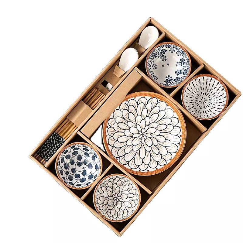 Eletree Dinner Serving Ramen Porcelain Bowls Set with Gift Box Lunch|Dinner|Festive Gifts Large Capacity Ceramic Snack Plate Rice|Soup|Side Dishes|Ice Cream|Yogurt ((4bowl+2plate+4spoon+8chopstick)) - Image 1