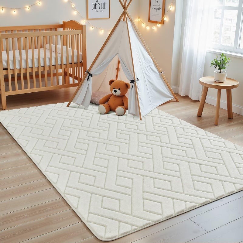 Macgace Ultra Soft Cream White Area Rug for Bedroom, 4x6 Modern Geometric Shag Rugs with Nonslip Backing for Living Room, Washable Fuzzy Carpet for Cozy Kids Room Nursery - Image 1