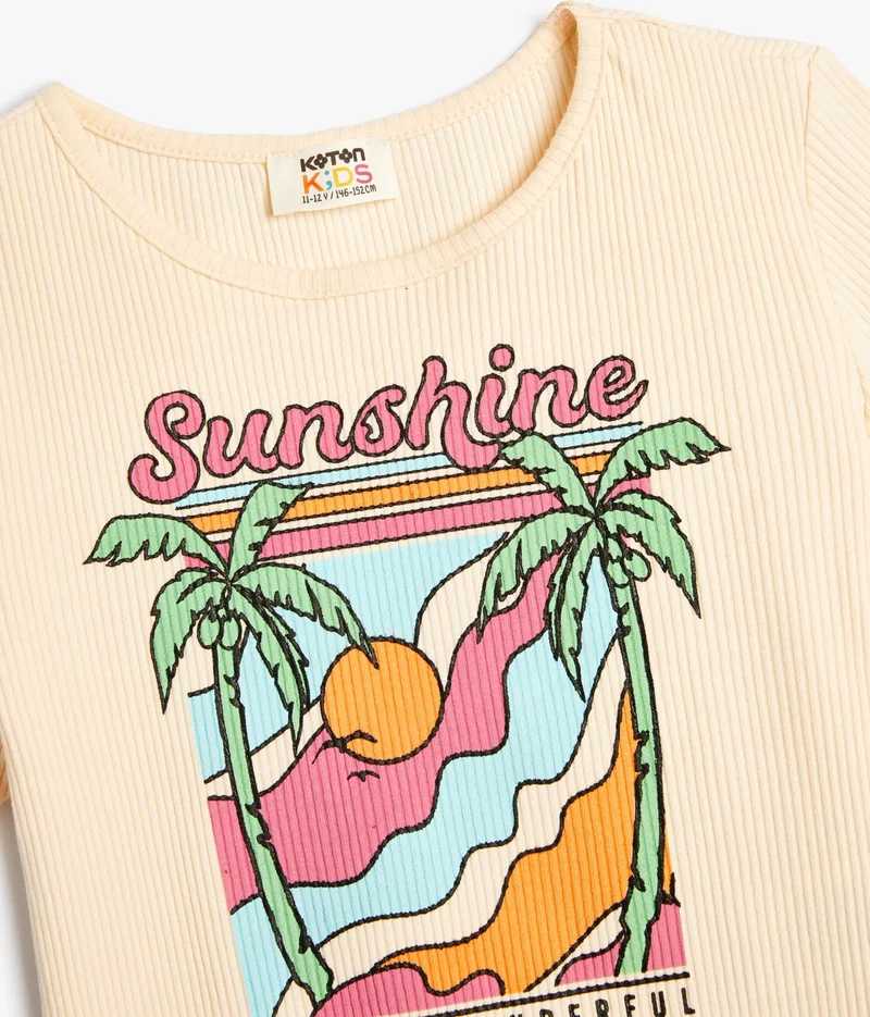 KOTON Crop T-Shirt Tropical Printed Short Sleeve Crew Neck Cotton