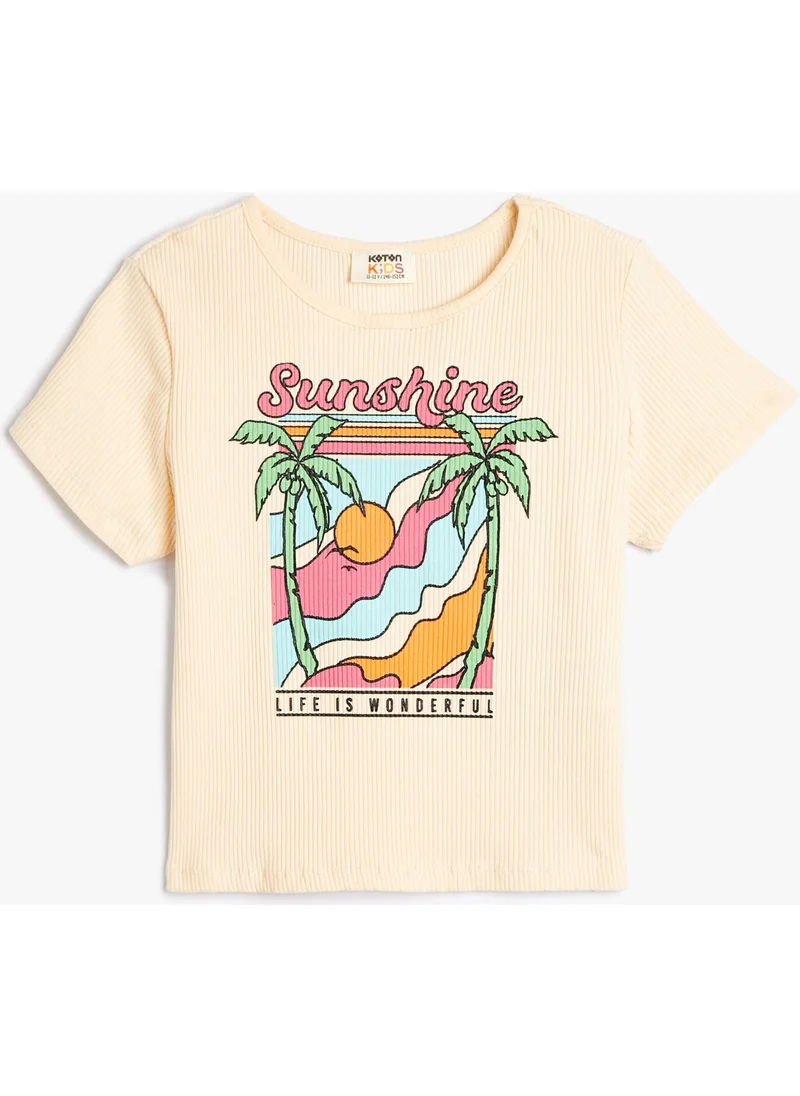 كوتون Crop T-Shirt Tropical Printed Short Sleeve Crew Neck Cotton