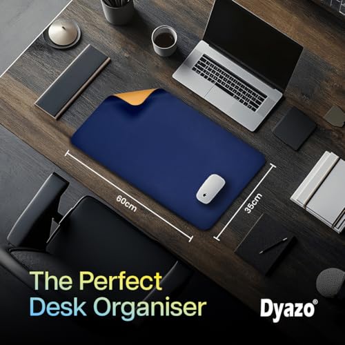 Dyazo Vegan PU Leather Desk Mat for Laptop and Computer Office | Anti-Slip Desk Pad | Extended Large Mouse Pad for Table | Dual-Sided Water-Resistant Design (600 x 350mm) Navy Blue & Yellow - Image 2