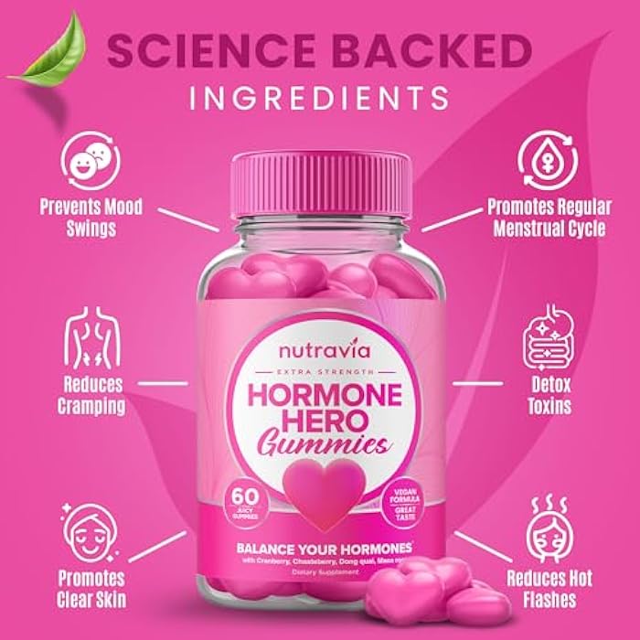 Nutravia Hormone Balance For Women Gummies + PMS Relief Supplement - Supports Mood Swings, Clear Skin, Reduced Cramps and Bloating - Hormonal PMS Gummies PCOS Vitamin with Cranberry, Dong Quai (60 Gummies) - Image 5