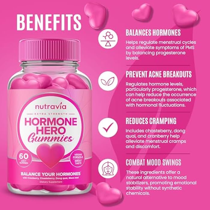 Nutravia Hormone Balance For Women Gummies + PMS Relief Supplement - Supports Mood Swings, Clear Skin, Reduced Cramps and Bloating - Hormonal PMS Gummies PCOS Vitamin with Cranberry, Dong Quai (60 Gummies) - Image 2