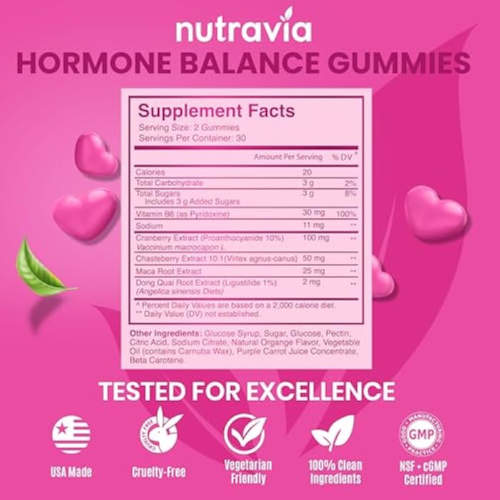 Nutravia Hormone Balance For Women Gummies + PMS Relief Supplement - Supports Mood Swings, Clear Skin, Reduced Cramps and Bloating - Hormonal PMS Gummies PCOS Vitamin with Cranberry, Dong Quai (60 Gummies) - Image 4