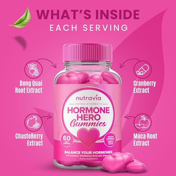 Nutravia Hormone Balance For Women Gummies + PMS Relief Supplement - Supports Mood Swings, Clear Skin, Reduced Cramps and Bloating - Hormonal PMS Gummies PCOS Vitamin with Cranberry, Dong Quai (60 Gummies) - Image 3