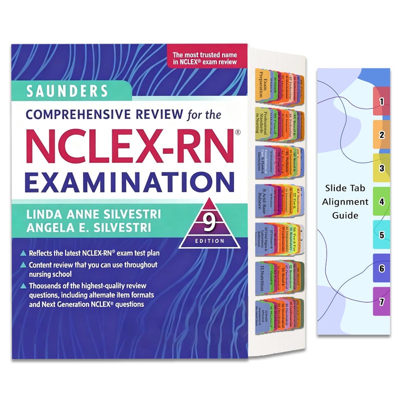 LParkin Premium Index Tabs for Saunders Comprehensive Review for The NCLEX-RN Examination 9th Edition. 72 Color-Coded PVC Laminated Tabs with Alignment Guide - Book Not Included - Image 1