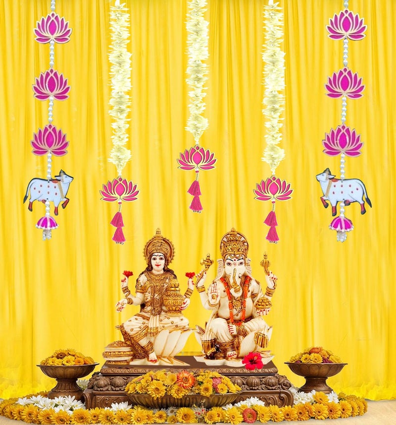 BENAVJI Lotus Hanging 5 Pcs with Cow White Artificial Flowers Garland |Handmade Wall Decoration Lotus with jhumki Style Hanging for Home Decor,Diwali & All Festival Décor|2.5 Ft Each - Image 2