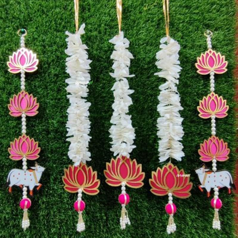 BENAVJI Lotus Hanging 5 Pcs with Cow White Artificial Flowers Garland |Handmade Wall Decoration Lotus with jhumki Style Hanging for Home Decor,Diwali & All Festival Décor|2.5 Ft Each - Image 3