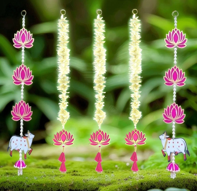 BENAVJI Lotus Hanging 5 Pcs with Cow White Artificial Flowers Garland |Handmade Wall Decoration Lotus with jhumki Style Hanging for Home Decor,Diwali & All Festival Décor|2.5 Ft Each - Image 5