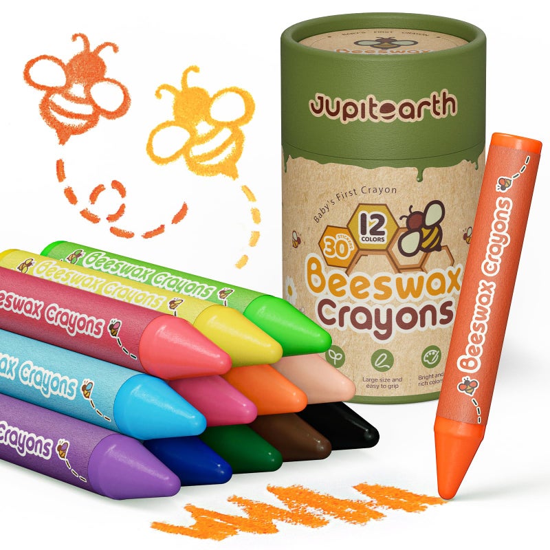 JUPITEARTH Beeswax Crayons for Toddlers 1â€“3, 12 Non-Toxic Silky Crayons, Jumbo and Washable Crayon, Easy to Hold, Safe for Kids, Mess-Free Coloring for Preschool Art Supplies, Ages 2â€“4, 4â€“8 - Image 1