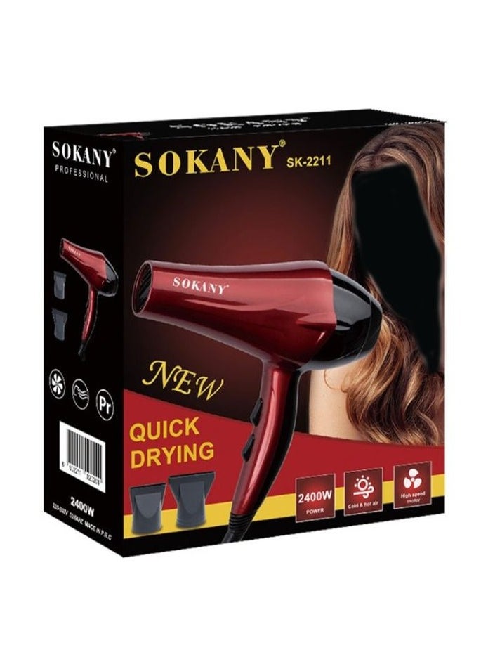 sokany - Sokany Professional Hair Dryer for Fast Drying - 2400 Watts The hair dryer comes with two speeds and two heat settings, allowing you to customize the airflow and temperature to suit your hair type and styling needs. Focus Nozzle It includes a focus nozzle for precise styling, helping you achieve smooth, sleek results SK-2211 Color Red - Image 1