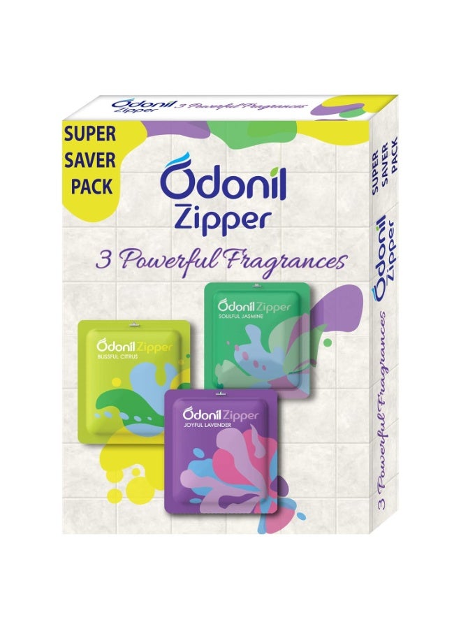 Odonil Bathroom Air Freshener Zipper Mix -30gm (10gm*3, Citrus, Jasmine,Lavender) - Image 1