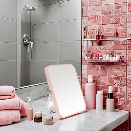 YEAKE Table Desk Vanity Makeup Mirror,8-Inch Portable Folding Mirror with Metal Stand 90°Adjustable Rotation Tavel Make Up Mirror Hanging Bathroom for Shower Shaving(Pink) - Image 3