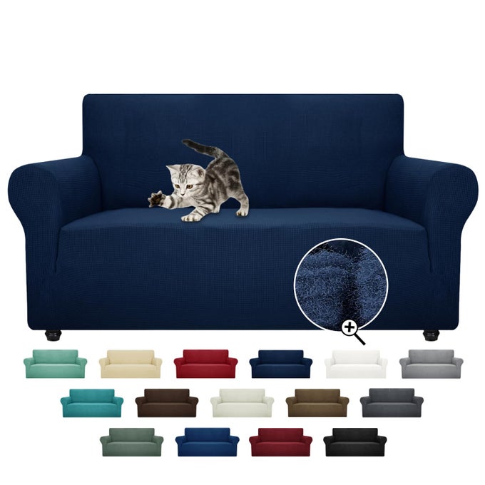 SUPER STRETCH COUCH COVER LOVE SEAT SOFA COVERS FOR LIVING ROOM DOGS PET FRIENDLY FURNITURE PROTECTOR SPANDEX LOVESEAT SLIPCOVERS WITH ANTI SLIP FOAM STICKS NAVY BLUE LOVESEAT