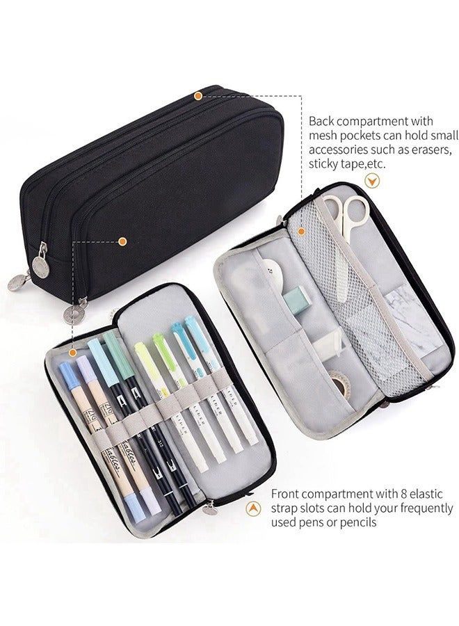 Pencil Case Large Capacity Pencil Pouch 3 Compartments Pencil Bag,Simple Sturdy Multifunctional Pencil Pouch (Black)  - Image 3