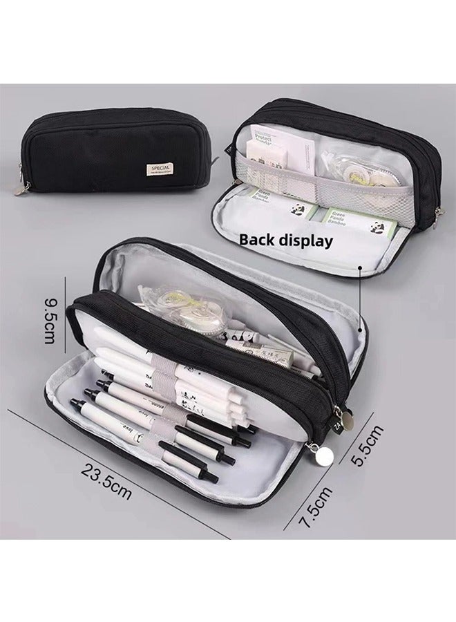 Pencil Case Large Capacity Pencil Pouch 3 Compartments Pencil Bag,Simple Sturdy Multifunctional Pencil Pouch (Black)  - Image 4