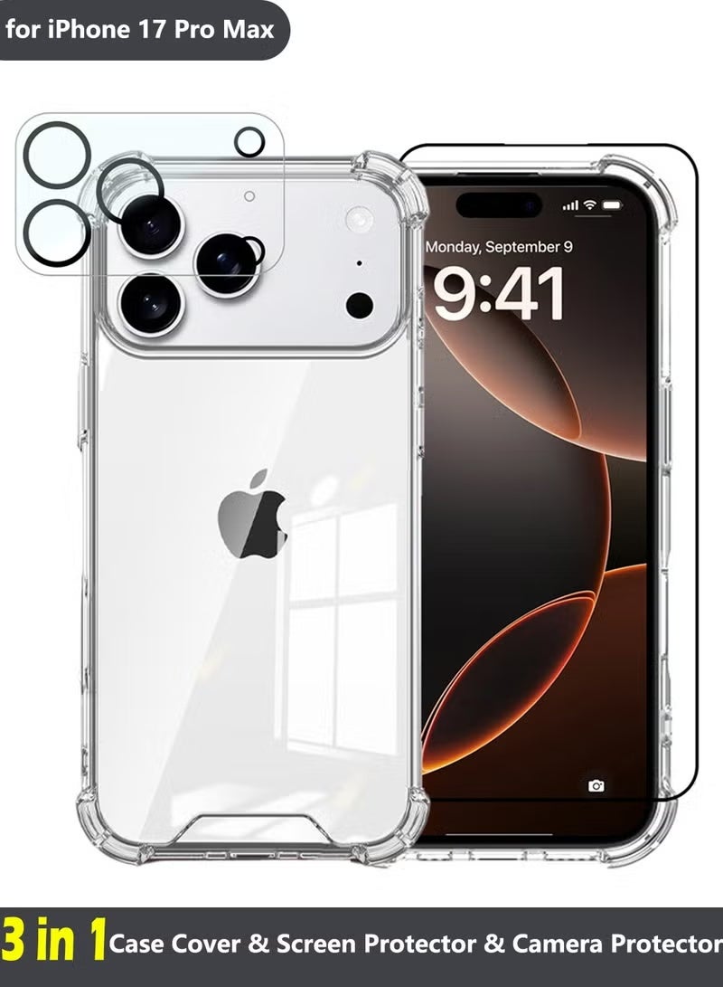 يوك مجموعة حماية 3 في 1 لهاتف iPhone 17 Pro Max، جراب شفاف مع واقي شاشة وعدسة كاميرا، جراب خلفي شفاف رفيع مضاد للخدش بحافة ناعمة من مادة TPU مع زوايا وسادة هوائية، شفاف - Image 1