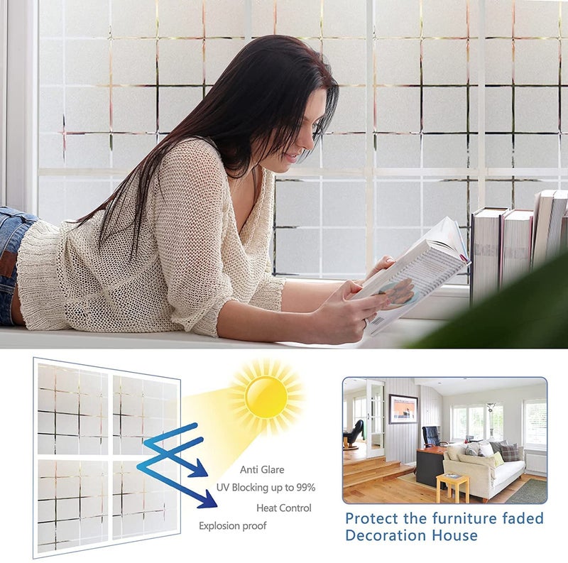 WISDOM StaticCling Frosted Glass Window Film, Bathroom Removable Sun Blocking Vinyl Stickers for Home Office, Non Adhesive (24 by 48inches, Frosted Square Pattern) - Image 4