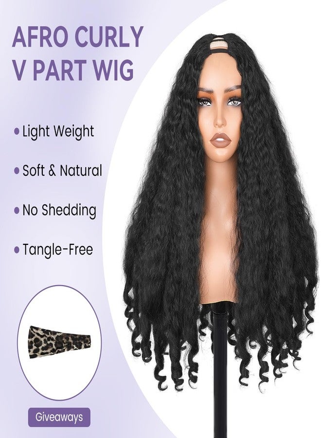 Aminow شعر مستعار من نوع Aminow Afro Curly V Part، شعر مستعار صناعي مجعد ياكي نصف شعر مستعار للنساء ذوات البشرة السمراء، شعر مستعار بدون غراء U Part مع تموجات سفلية نابضة بالحيوية، مناسب لتصفيف الشعر بالسيشوار، نوع الشعر 4c، لون أسود طبيعي، طول 20 بوصة - Image 2