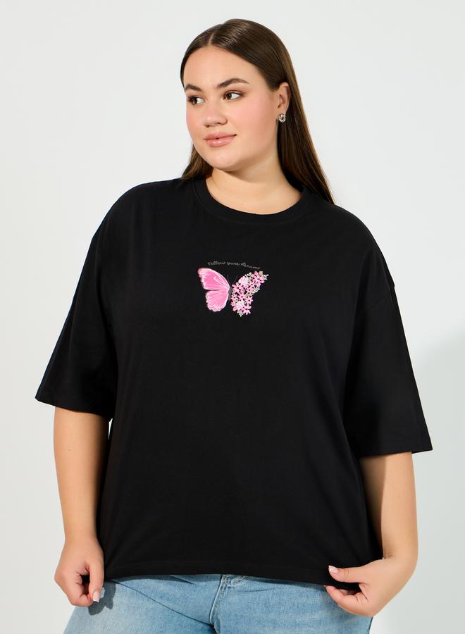 ستايلي تيشيرت فضفاض بمقاس كبير وطبعة فراشة - Image 1