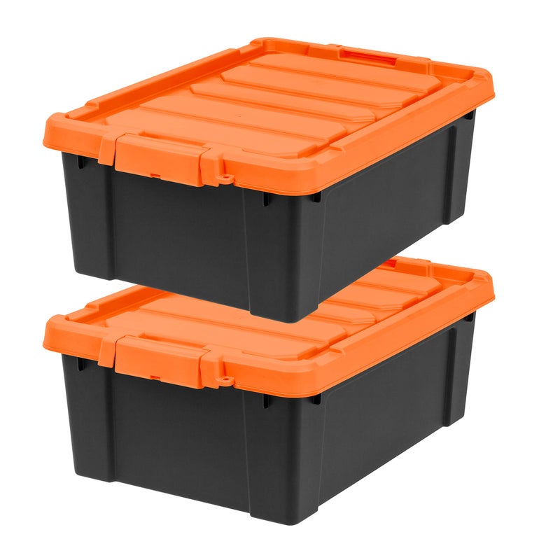 IRIS USA 12 Gallon Lockable Storage Bins with Lids 2 Pack  Made in USA Heavy Duty Stackable Containers Garage Organizing Bins Moving Tubs Rugged Sturdy Equipment Utility Box  BlackOrange