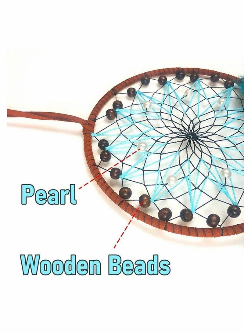 نيبمينينت Blue Dream Catchers, Boho Handmade Pearl and Wooden Beads Feather Traditional Circular Net for Wall Hanging Decor, Art Ornament Craft Gift, Outdoor Garden Home Decoration  - Image 3