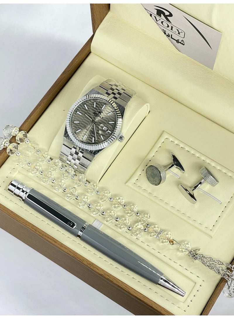 ريفولي طقم ساعة رجالي فاخر من الستانلس ستيل للهدايا مع قلم وأزرار أكمام وسبحة أنيقة - Image 1