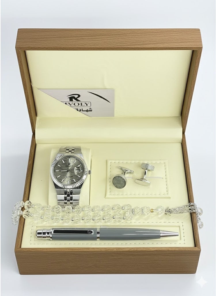 ريفولي طقم ساعة رجالي فاخر من الستانلس ستيل للهدايا مع قلم وأزرار أكمام وسبحة أنيقة - Image 2