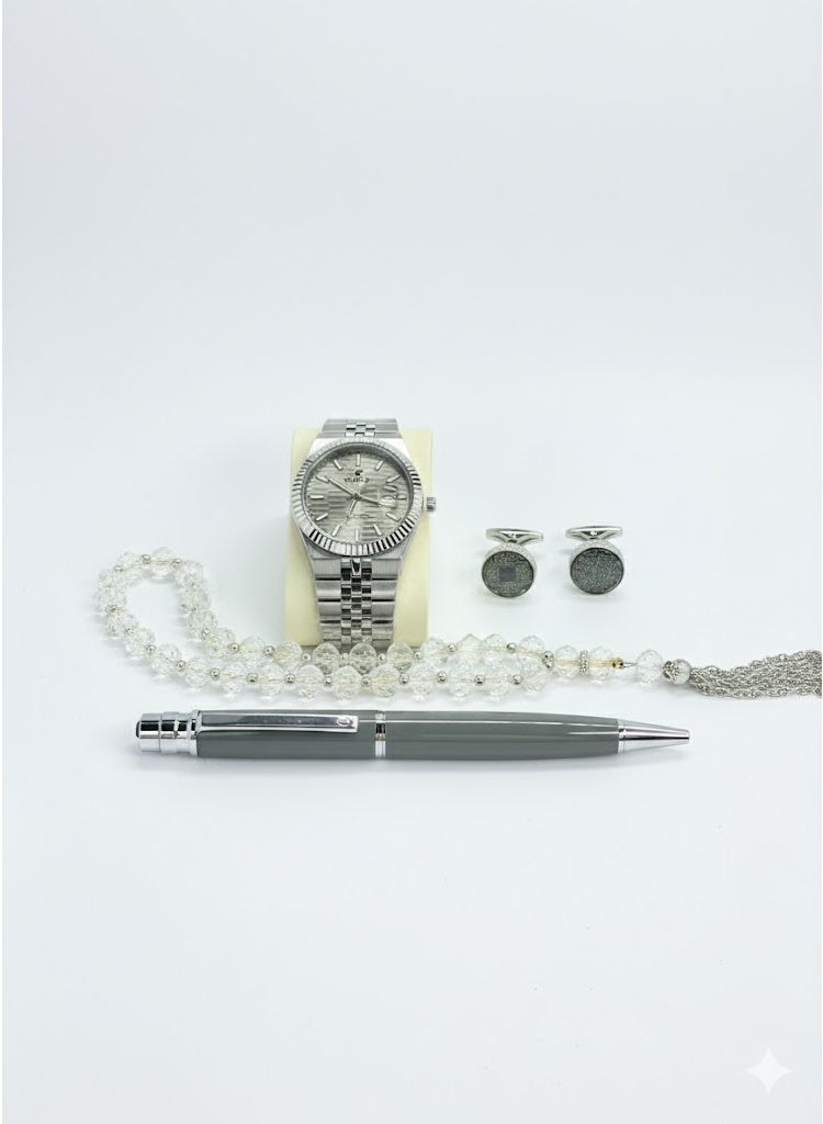 ريفولي طقم ساعة رجالي فاخر من الستانلس ستيل للهدايا مع قلم وأزرار أكمام وسبحة أنيقة - Image 3