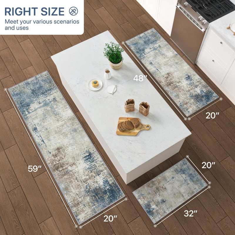 GENIMO Kitchen Rugs Sets of 3 Non Slip Washable Kitchen Mats for Floor, Waterproof Abstract Kitchen Runner Rug, Floor Mat Carpet for Hallway, Laundry, Sink, Entryway, Bathroom, Blue - Image 2