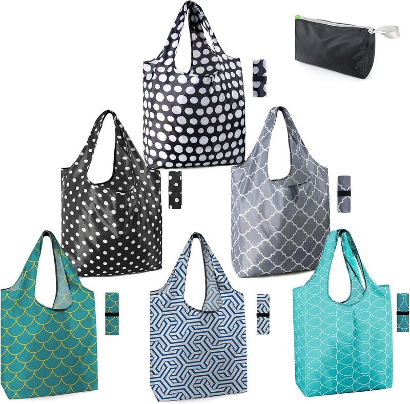 BeeGreen Geometry Reusable Grocery Bags Bulk 6 Packs XLarge Reusable Shopping Bags Foldable for Groceries Vegetables Fruits Watertight Bulk Tote Bags Washable For Women and Men