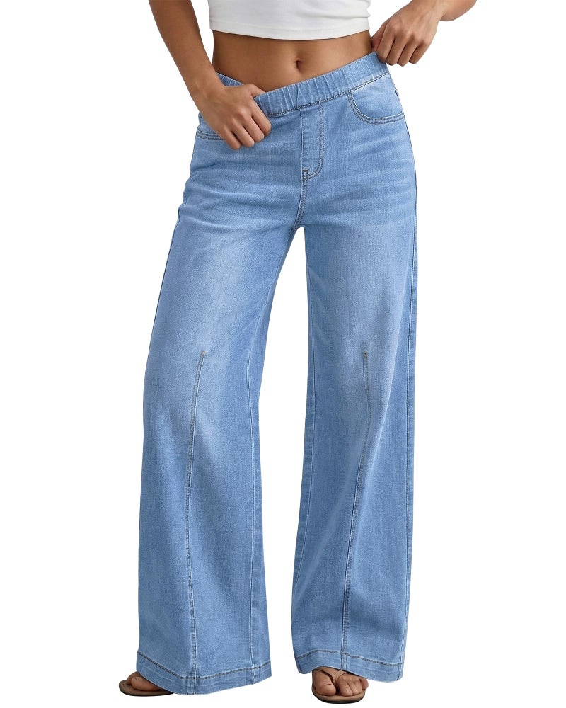 GRAPENT Pull On Womens Jeans Baggy Stretchy High Waisted Denim Wide Leg Trouser Pants Trendy Front Seam 90s Loose Jean Lakeside Blue Size Small - Image 1