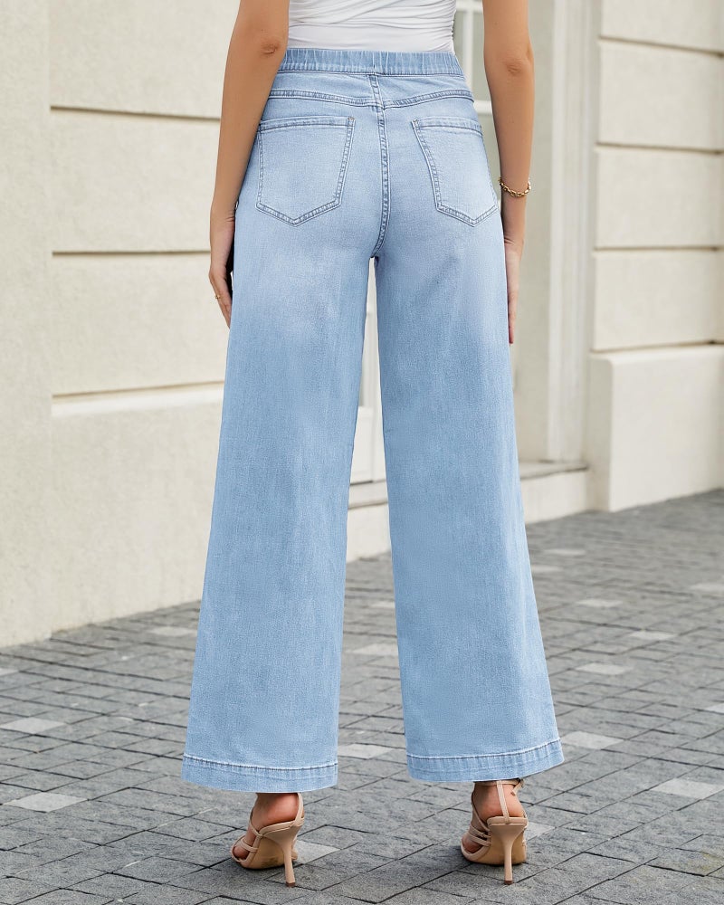 GRAPENT Pull On Womens Jeans Baggy Stretchy High Waisted Denim Wide Leg Trouser Pants Trendy Front Seam 90s Loose Jean Lakeside Blue Size Small - Image 2