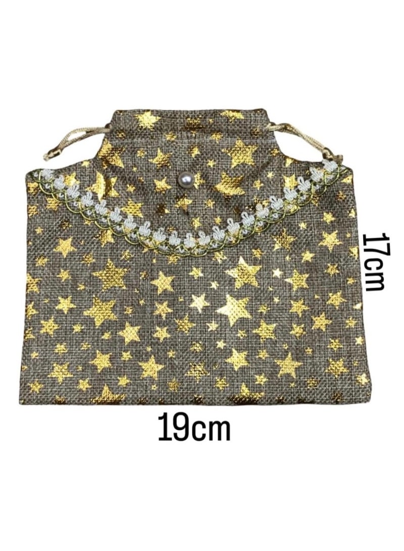 SEDRA | Haq Al Laila Bag with Gold Star Pattern, Grey and Gold, Decorative Handle, 19x17 cm, 12 Pack - Image 2