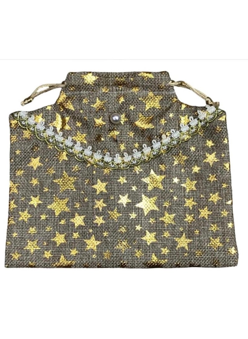 SEDRA | Haq Al Laila Bag with Gold Star Pattern, Grey and Gold, Decorative Handle, 19x17 cm, 12 Pack - Image 1